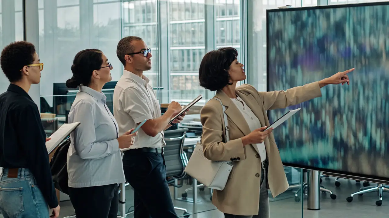 A compliance team reviewing a dashboard on a wall screen